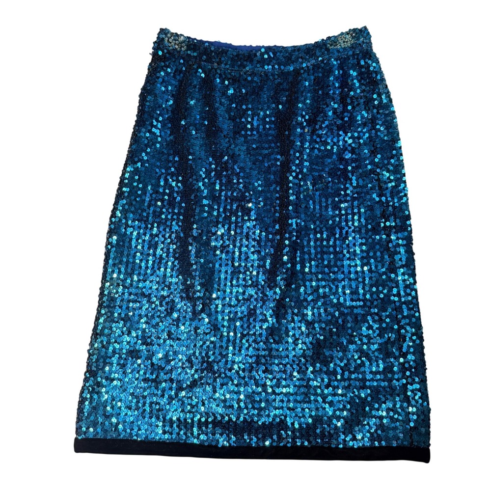 Saint Laurent Womens 40 Sequin Skirt Blue‎ Rive Gauche Vintage Velvet Hem Luxe